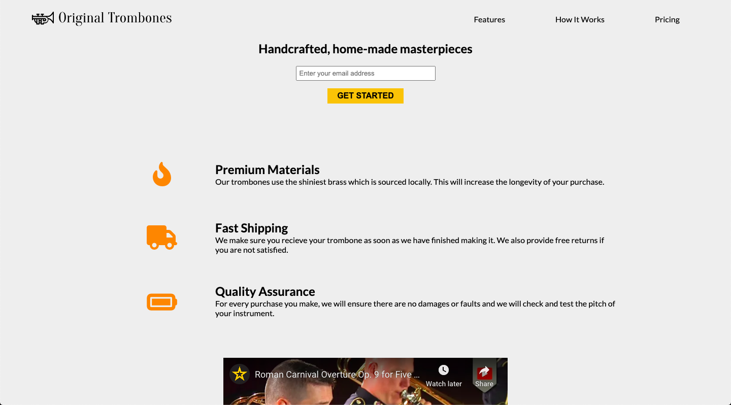 screenshot of product landing page